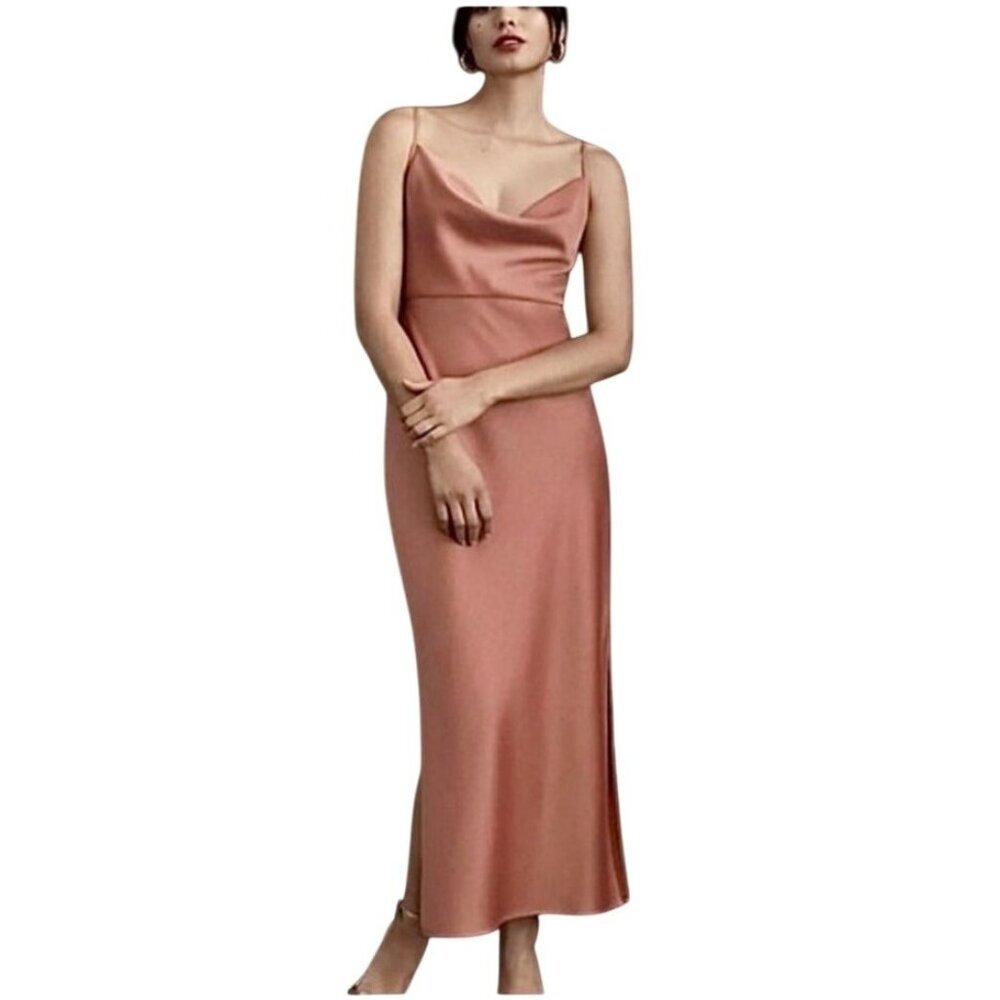 Sachin & Babi Cali Satin Slip Midi Dress 2 Peach Cowl Neck Wedding Guest Elegant